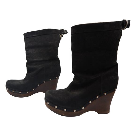 UGG Carnegie Leather Shearling Fold Down Wedge Clog Winter Boots Black Size 10 - Picture 8 of 12